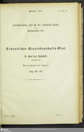 II. Etat der Zuschüsse. Abschnitt F. Departement des Innern. Cap. 42-72