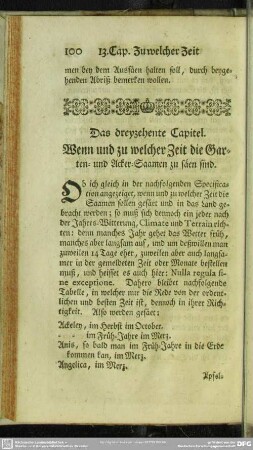 Das dreyzehente Capitel. Wenn und zu welcher Zeit die Garten- und Acker-Saamen zu säen sind