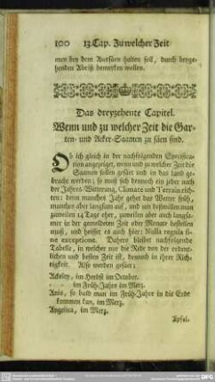 Das dreyzehente Capitel. Wenn und zu welcher Zeit die Garten- und Acker-Saamen zu säen sind