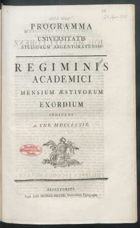 Programma Universitatis Studiorum Argentoratensis Regiminis Academici Mensium Æstivorum Exordium Indicans A. Chr. MDCCLXXIX.