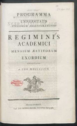 Programma Universitatis Studiorum Argentoratensis Regiminis Academici Mensium Æstivorum Exordium Indicans A. Chr. MDCCLXXIX.