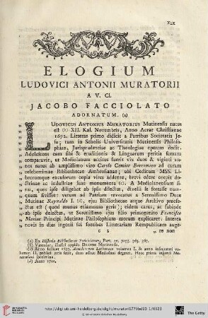 Elogium Ludovici Antonii Muratorii a v. cl. Jacobo Facciolato