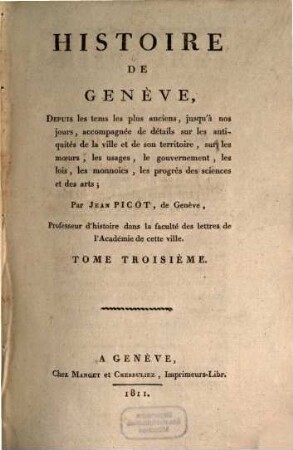 Histoire de Genève. 3. - 487 S.