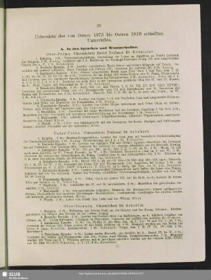 Uebersicht des von Ostern 1875 bis Ostern 1876 ertheilten Unterrichts