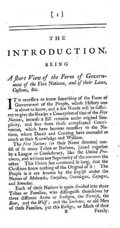 The Introduction, being a short View of the Form of Government of the Five Nations, and of their Laws and Customs
