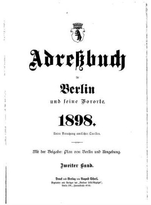 Inhalts= Verzeichniß des Adreßbuches für Berlin und seine Vororte 1898