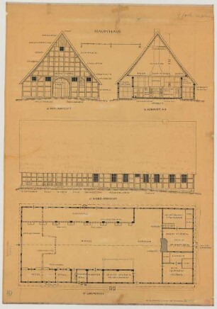 Wiehe bei Mettingen (Kreis Tecklenburg): Hof Brenningmeier. Haupthaus (Grundriss, Nordansicht, Ostansicht, Querschnitt)