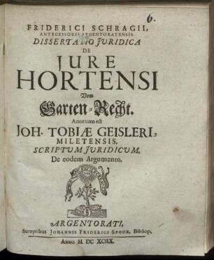 Friderici Schragii, Antecessoris Argentoratensis. Dissertatio Iuridica De Iure Hortensi