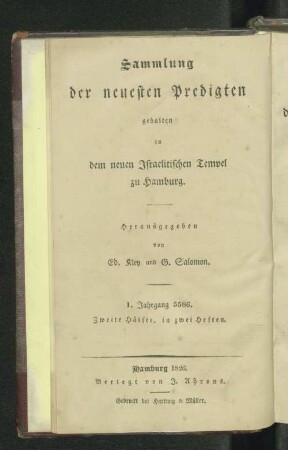 H. 2, [1]: Predigten, in dem neuen israelitischen Tempel zu Hamburg gehalten