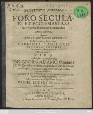 Dissertatio Iuridica De Foro Seculari Et Ecclesiastico In Imperio Romano-Germanico competente