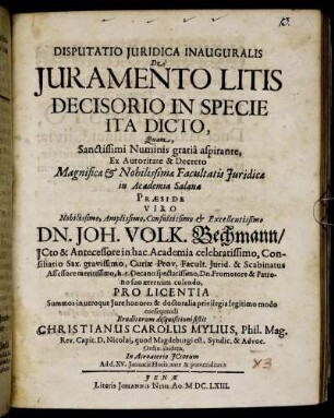 Disputatio Iuridica Inauguralis De Iuramento Litis Decisorio In Specie Ita Dicto