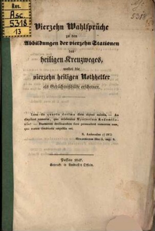 Vierzehn Wahlsprüche zu den Abbildungen der vierzehn Stationen des ?? Kreuzweges ...