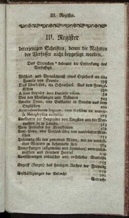 III. Register dererjenigen Schriften, denen die Nahmen der Verfasser nicht beygefügt worden.