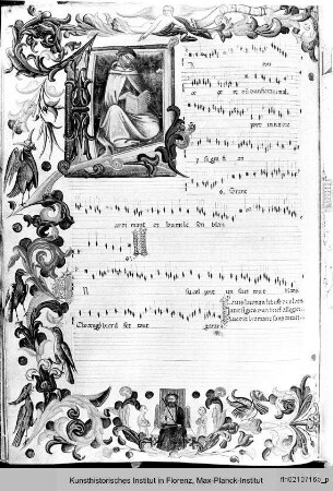 Buchseite mit Randbordüre, eingeschlossener Miniatur mit einer thronenden Figur mit Zepter (König Salomon?), Notenzeilen, Text und historisierter Initiale L mit Bartolino da Padova - Canzoni (Codice Squarcialupi)