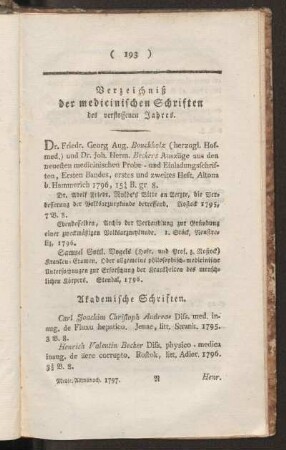 Verzeichniß der medicinischen Schriften des verflossenen jahres