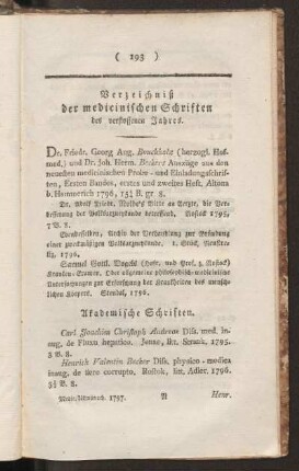 Verzeichniß der medicinischen Schriften des verflossenen jahres