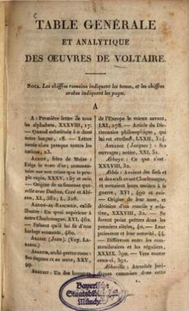 Oeuvres de Voltaire, 75. Table générale et analytique des oeuvres de Voltaire