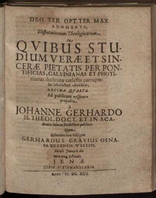... Disputationum Theologicarum ... Decima Quarta.