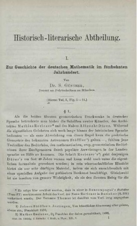 I. Zur Geschichte der deutschen Mathematik im fünfzehnten Jahrhundert.