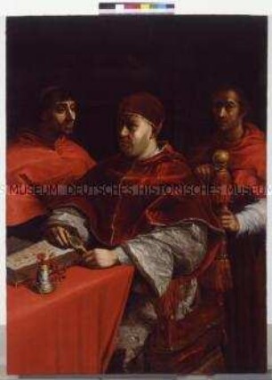 Papst Leo X. (1513-1521) mit den Kardinälen Giulio de' Medici (1478-1534) und Luigi de' Rossi (?-1519)