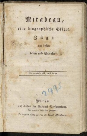 Mirabeau : eine biographische Skizze, Züge aus dessen Leben und Charakter