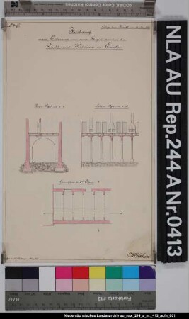 Querprofil, Längenprofil und Grundriß der ersten Etage vom Zuchthaus und Werkhaus in EMDEN Kolorierte Zeichnung von N. Nullmeyer Papier Format 19,8x32,2 M 1:130