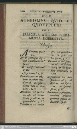 Cap. II Atheismus Quid Et Quotuplex? Ubi Et Praecipua Atheismi Fundamenta Exhibentur