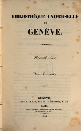 Bibliothèque universelle de Genève. 3/4. 1836