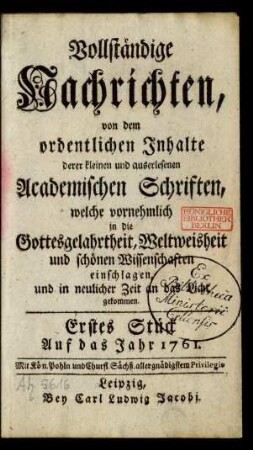 Erstes Stück. Auf das Jahr 1761