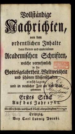 Erstes Stück. Auf das Jahr 1761