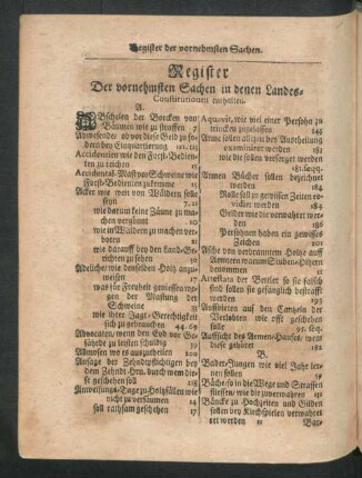 Register Der vornehmsten Sachen in denen Landes-Constitutionen enthalten.