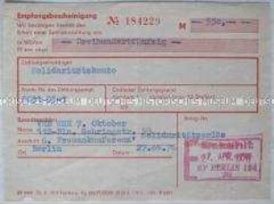 Quittung über die Einzahlung von 350,- Mark auf das Solidaritätskonto