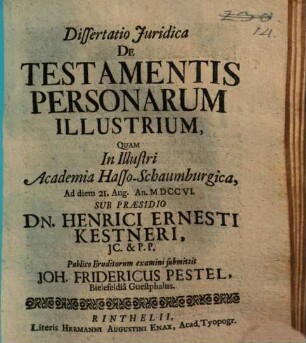 Diss. iur. de testamentis personarum illustrium