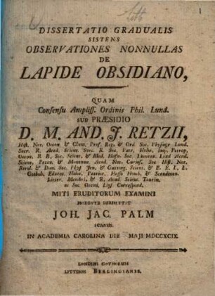 Dissertatio gradualis sistens observationes nonnullas de lapide Obsidiano