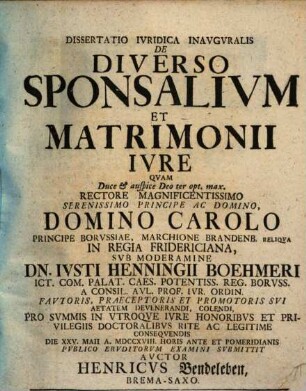 Dissertatio Ivridica Inavgvralis De Diverso Sponsalivm Et Matrimonii Ivre