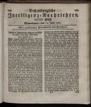 XXVIII. Stück. Sonnabends: den 12. Julii 1777.