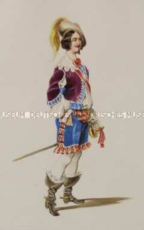 Mann mit blauer kurzer Hose, violetter Jacke und Stulpenstiefeln - Tafel aus Franceschini/Kostümbilder (Kassette 1)