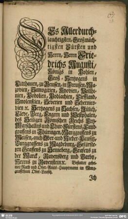Des Allerdurchlauchtigsten, Großmächtigsten Fürsten und Herrn, Herrn Friedrichs Augusti, Königs in Pohlen, Groß-Hertzogs in Litthauen, zu Reussen, in Preussen, ...