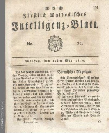 No. 21, Dienstag, den 22ten May 1810