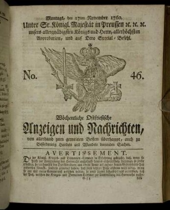 No. 46. Montags, den 17ten November 1760.