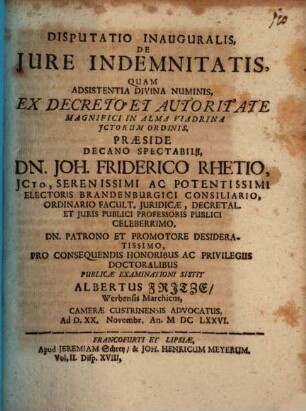 Disp. inaug. de iure indemnitatis