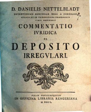 Commentatio iur. de deposito irregulari