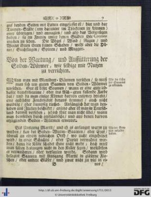 Von der Wartung und Auffütterung der Seiden-Würmer, wie selbige mit Nutzen zu verrichten.