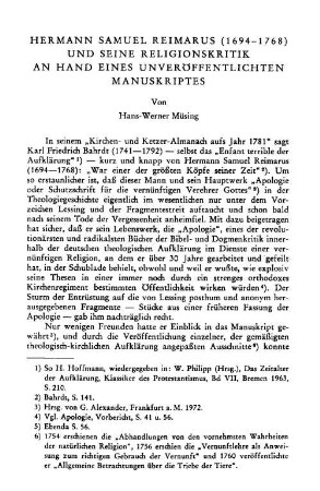 Hermann Samuel Reimarus (1694 - 1768) und seine Religionskritik an hand eines unveröffentlichten Manuskripts