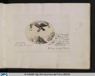 [Fliegender Adler mit Schildkröte in den Fängen über einer Landschaft mit See und Hügeln]