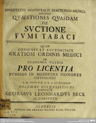 Dissertatio Inauguralis Diaetetico-Medica Sistens Quaestiones Quasdam De Suctione Fumi Tabaci