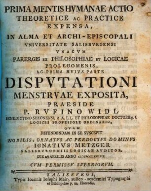 Prima mentis humanae actio theoretice ac practice expensa ... Unacum Parergis ex philosophiae ... prolegomenis ...