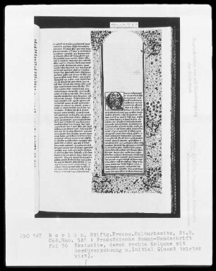 Französische Romanhandschrift über die Ritter der Tafelrunde — Initiale Q und Bordüre, Folio 30recto