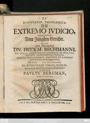 Dispvtatio Theologica, De Extremo Ivdicio, Germanice:
