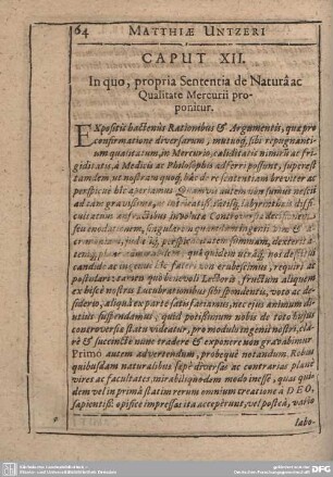 Caput XII. In quo, propria Sententia de Natura ac Qualitate Mercurii proponitur.
